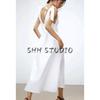 Spring and Summer New Women's Clothing Pleated Decorative Deep V Neck Bowknot Decoration Poplin Midi Skirt Dress 0881334