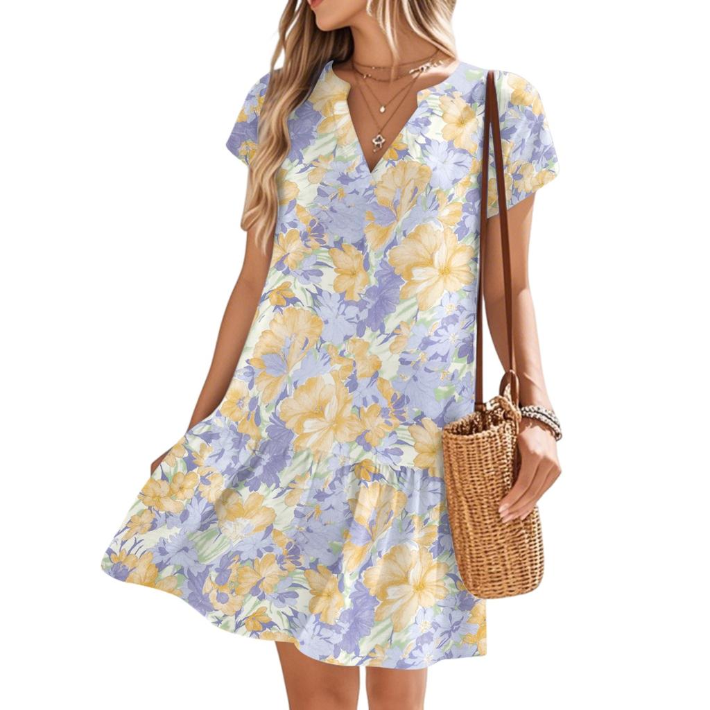 Женские платья с коротким рукавом и V-образным вырезом с цветочным принтом Свободные повседневные пляжные платья в стиле темперамент
