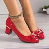 Fashionable High Heels for Women with A Shallow Mouth, Large Size, Thick Heels and Round-toe Bowknots Pumps for Women