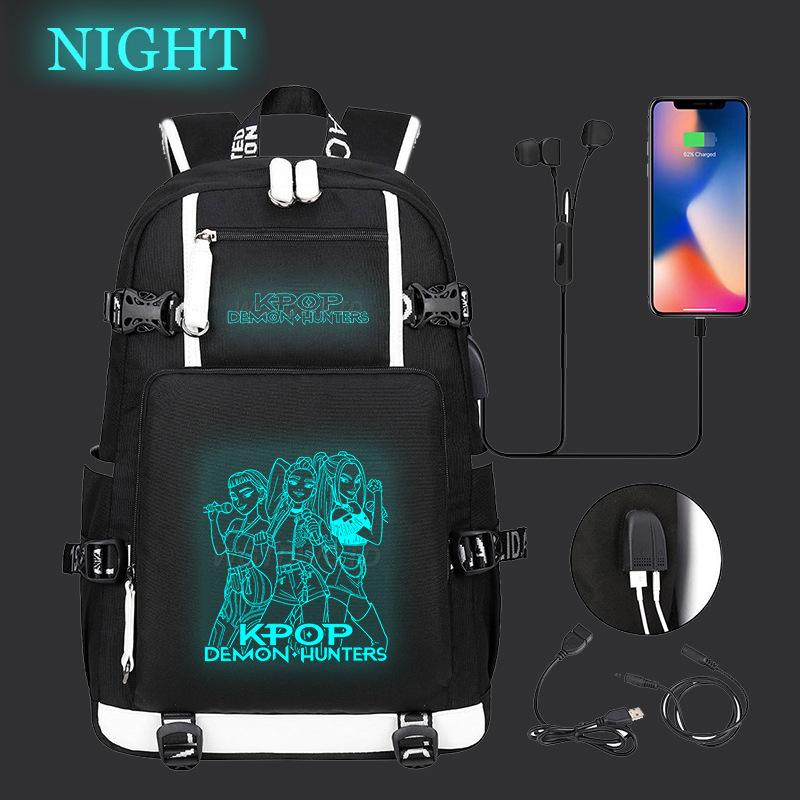 K-pop Охотники на демонов Светящийся школьный рюкзак Многофункциональный с USB Рюкзак Модный студенческий повседневный рюкзак