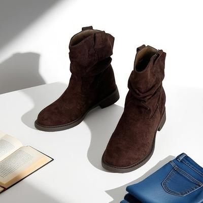 Модные Роскошные Женские Плиссированные Ботильоны на Высоком Каблуке Осень Новые С Острым Носком Коричневые Ковбойские Сапоги Женские Ботильоны из ПУ Кожи