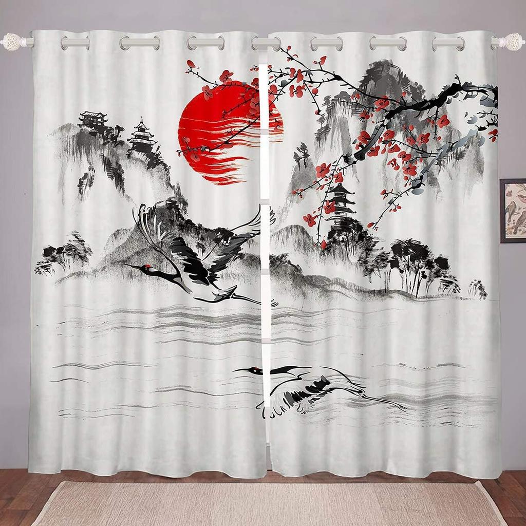 Японский пейзаж Красный восход солнца Журавль Оконные занавески Традиционная живопись тушью Оконные занавески Горный пейзаж Гостиная Шторы