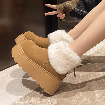 Флисовые утолщенные пушистые короткие ботинки уродливые милые большая голова хлопковые туфли 2025 новые зимние супер толстая подошва с увеличением высоты зимние ботинки женские