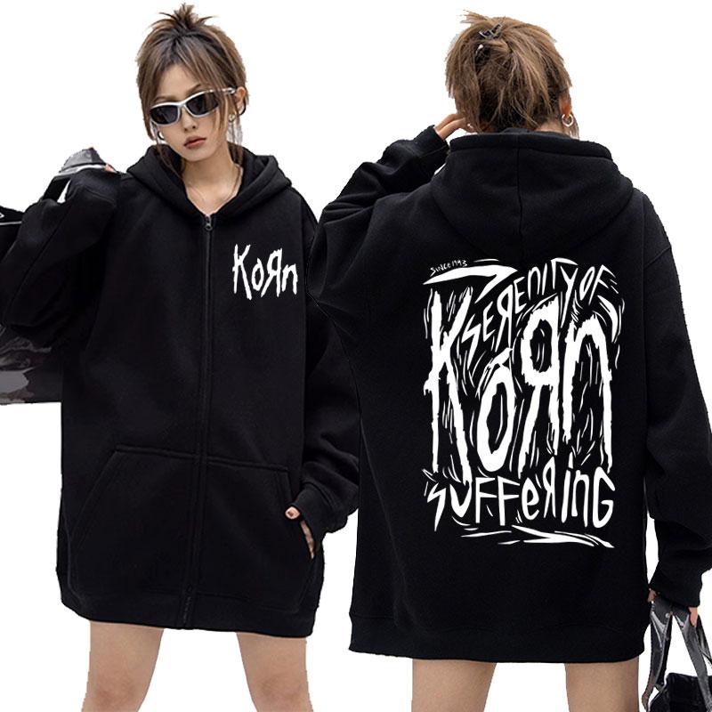 Худи на молнии с символикой рок-группы Korn, винтажная готическая куртка оверсайз с музыкальным принтом, мужская флисовая хлопковая толстовка на молнии.