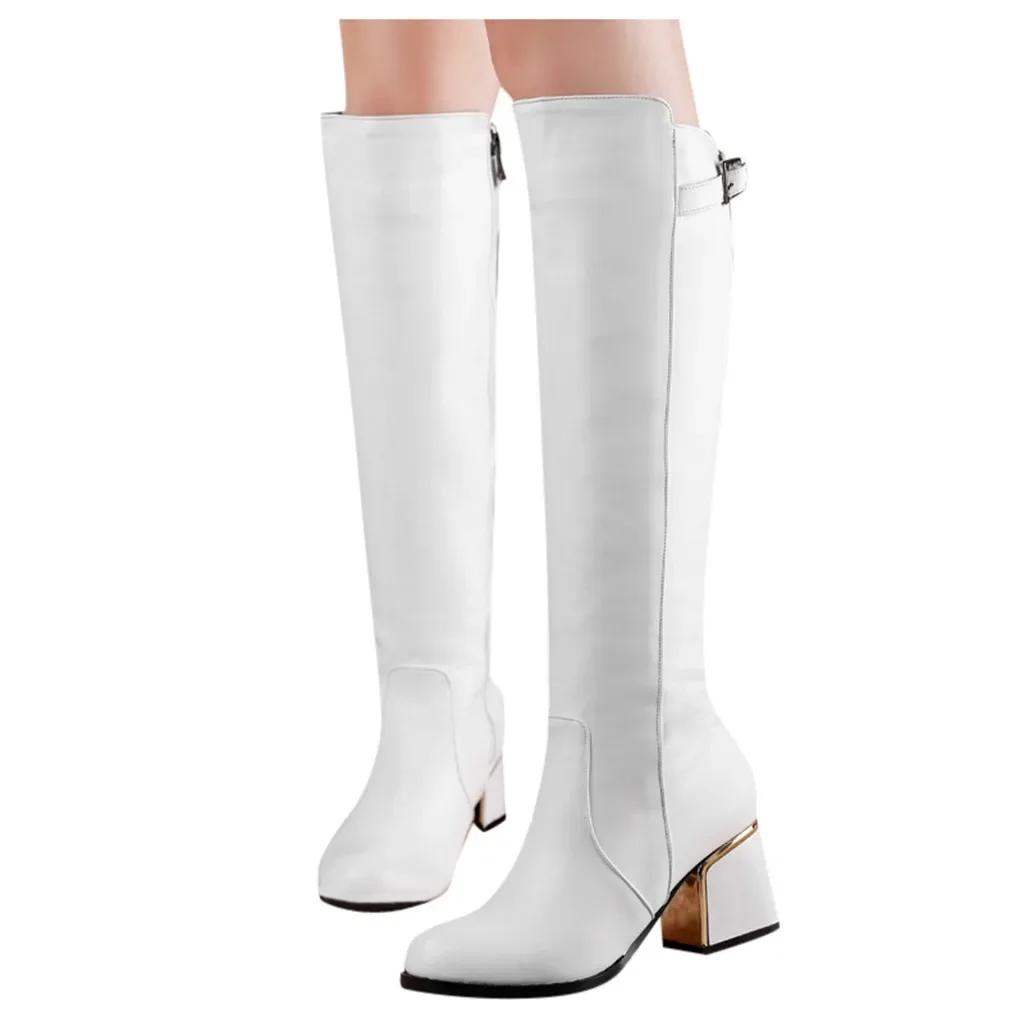 Women White Leather Knee Bare Boots Square High Heel Casual Long Tube Booties Lady Sexy Over Knee Thigh High Boots Lady Winter