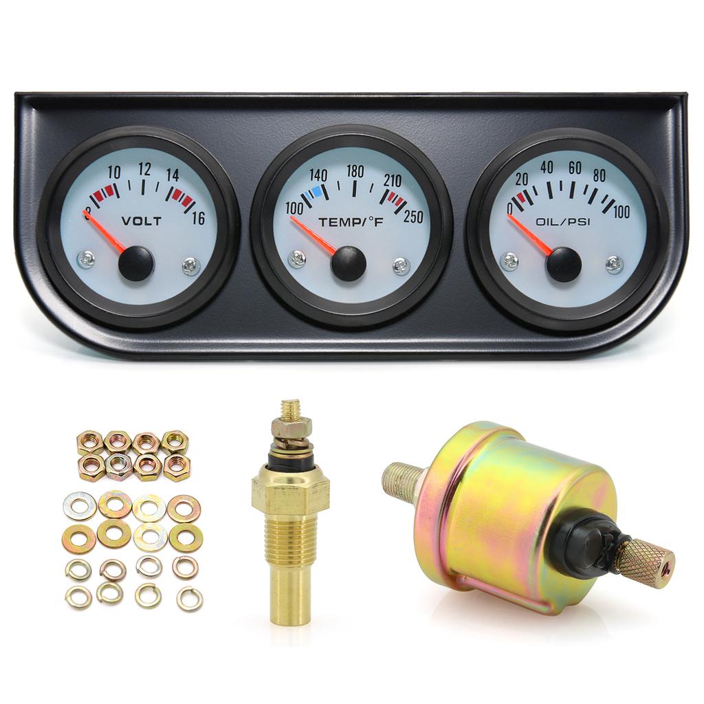 52mm Triple gauge 3 in 1 Volt Meter + 100-250℉ water Temp Gauge+0-100psi Oil Pressure Gauge & Oil Temperature Gauge With Sensor