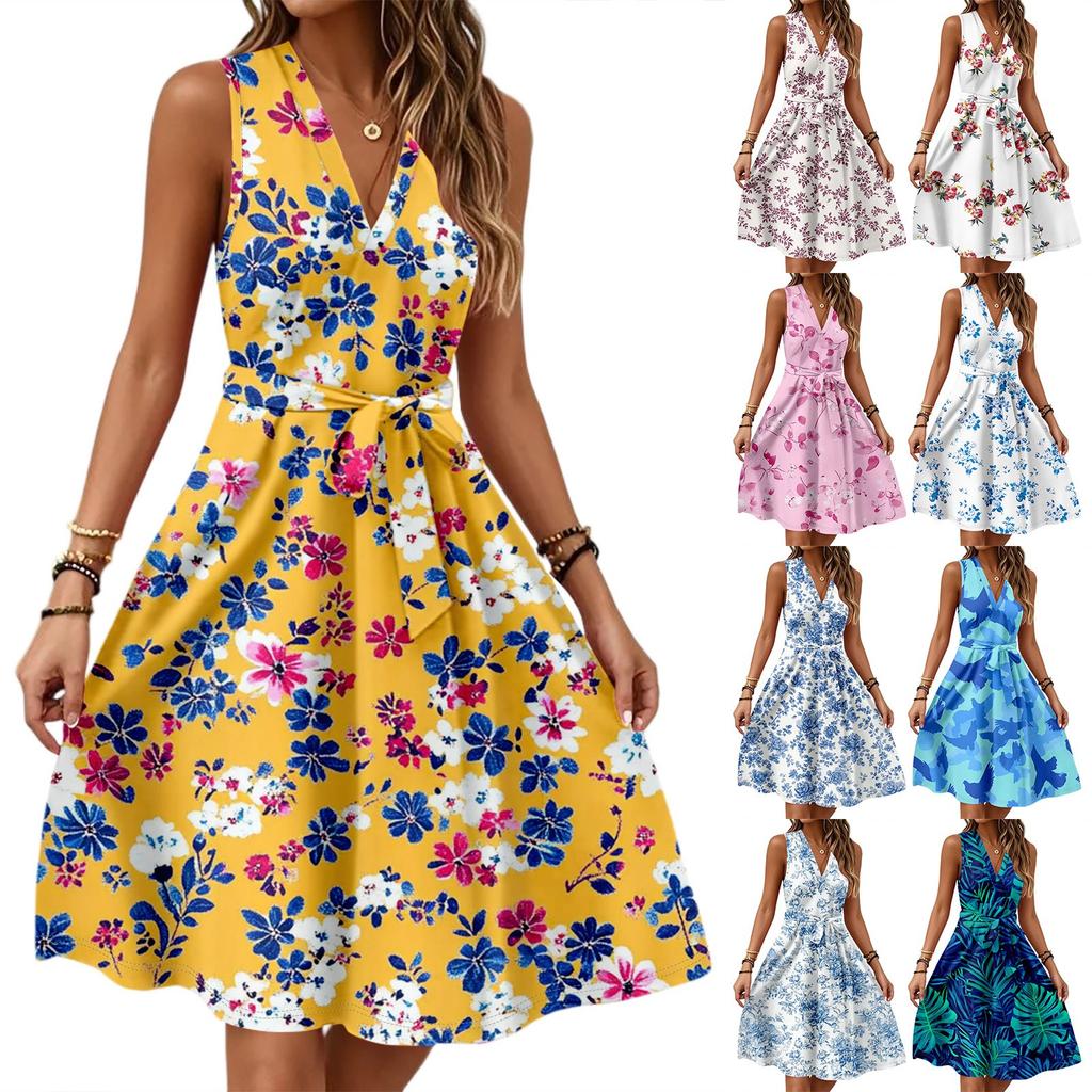 Women's Spring And Summer Casual V-Neck Sleeveless Waist Floral Print Midi Dress