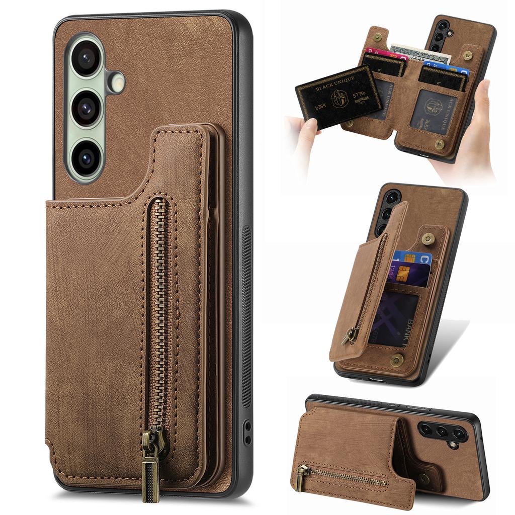 For Samsung Galaxy S25+ Case with Zipper Card Holder Retro Leather TPU Phone Cover