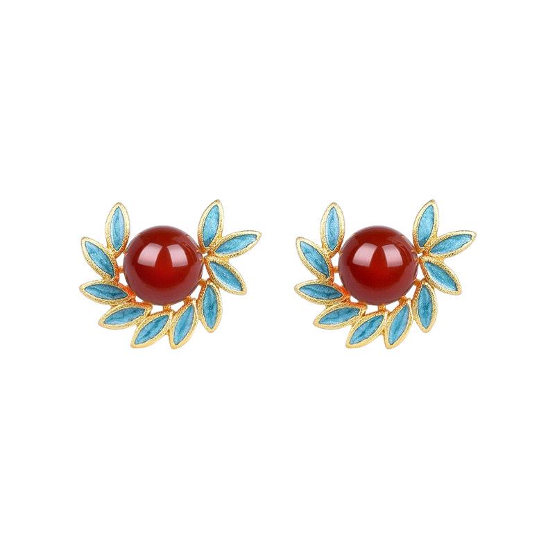 Позолоченные эмалевые серьги с красным агатом для женщин на стержнях из стерлингового серебра 925 пробы - Высококачественный новый китайский стиль