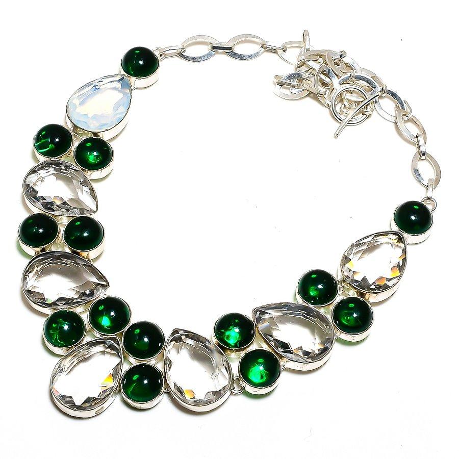 Chrome Diopside, White Topaz 925 Sterling Silver Jewelry Necklace 18" SU-9824