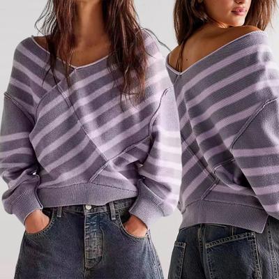 Женский свитер с длинным рукавом, полосатый, цветной, трикотажный свитер с V-образным вырезом, свободный пуловер, джемпер, топы, повседневная одежда