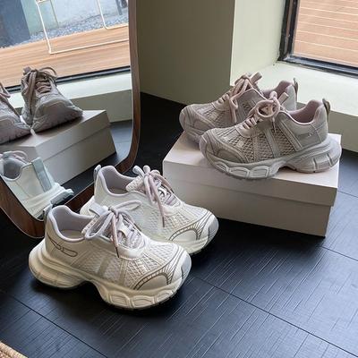 Дышащая сетка, кроссовки на массивной подошве для большой головы, женские летние тонкие 2025, новые кроссовки на платформе-маффин, повседневные спортивные для бега