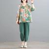 Large Size Suit Women Summer Cotton and Linen T-shirt Pants Two-piece Set Retro Comfortable Printing Two-piece Suit
