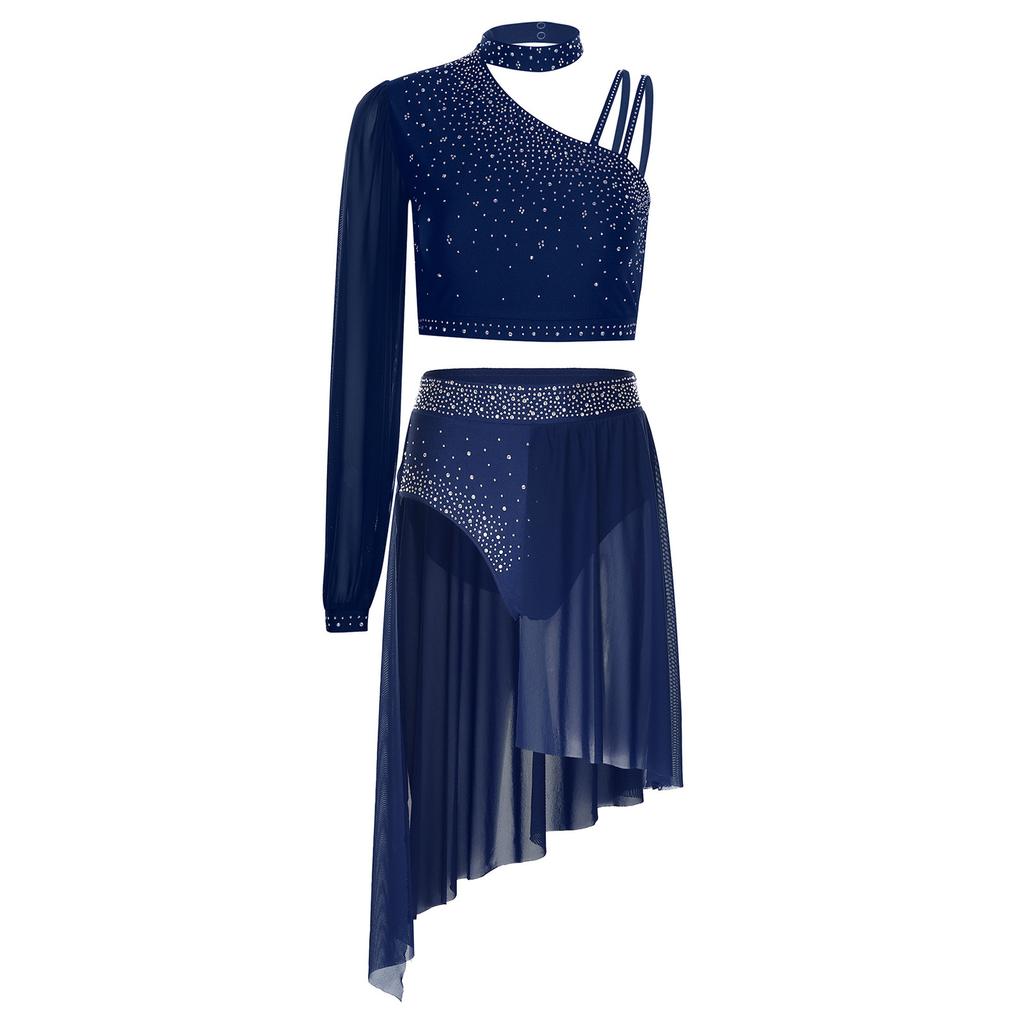 Женский костюм для лирического танца Блестящий асимметричный кроп-топ со стразами, шорты с высокой талией, костюм с шифоновой юбкой