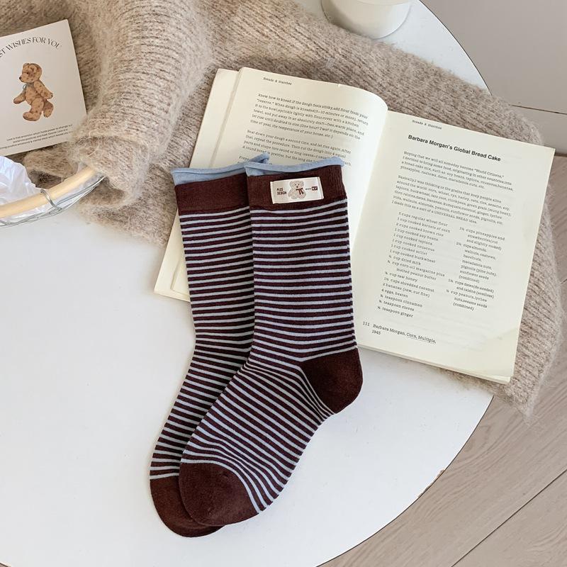 Korean Striped Cloth Label Cute Bear Mid-Tube Socks Contrasting Boneless Cotton Socks