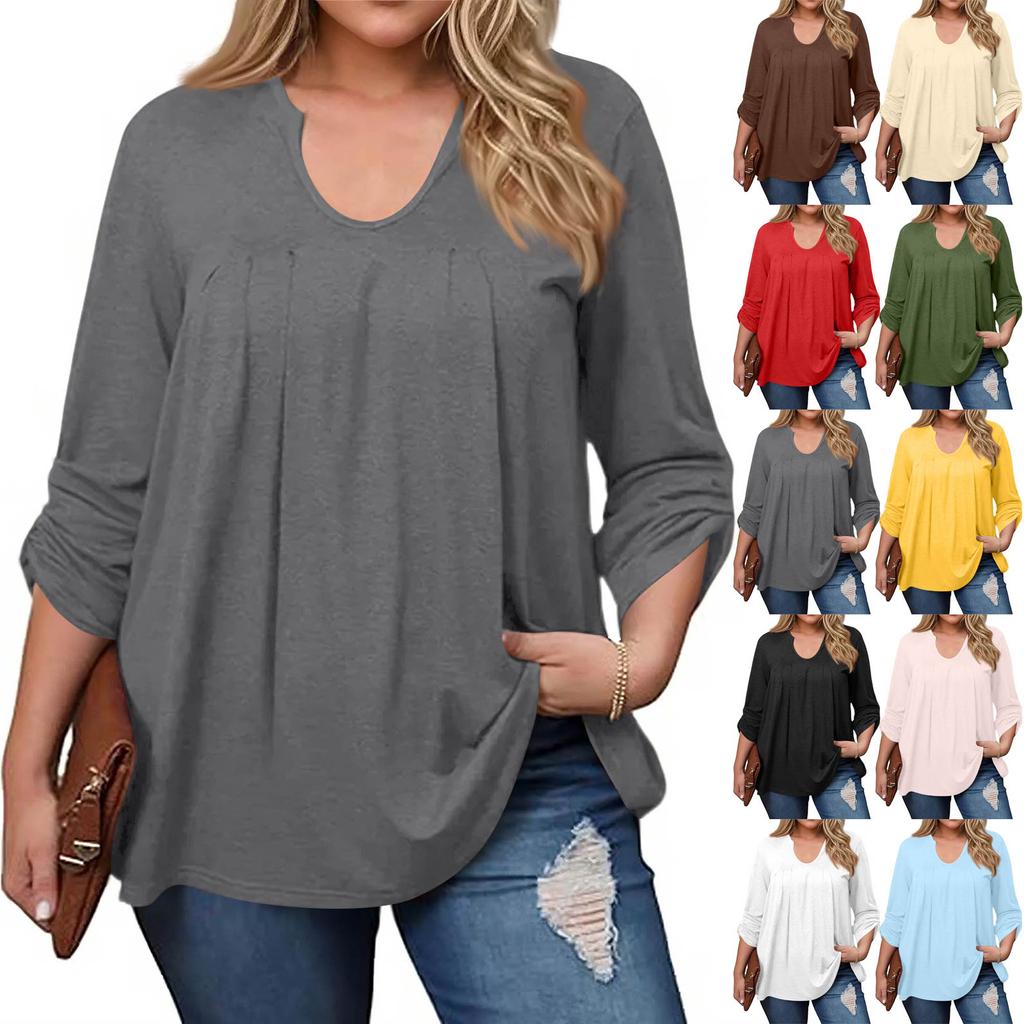 Women's Plus Size Fashion Solid Colour Casual Pleated Round Neck Long Sleeve Top