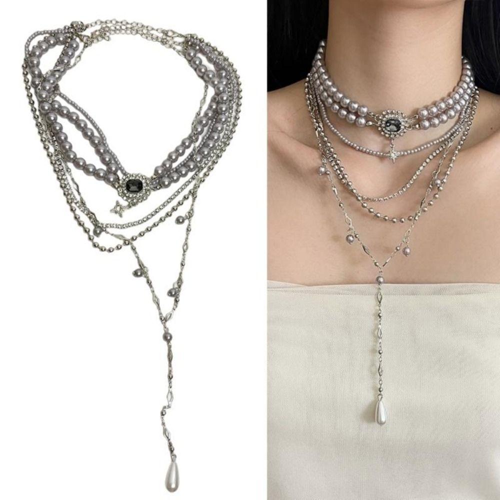 Crystal Inlaid Multi-Layer Pearls Necklace Multilayer Stacked Cross Clavicle Chain  Girls