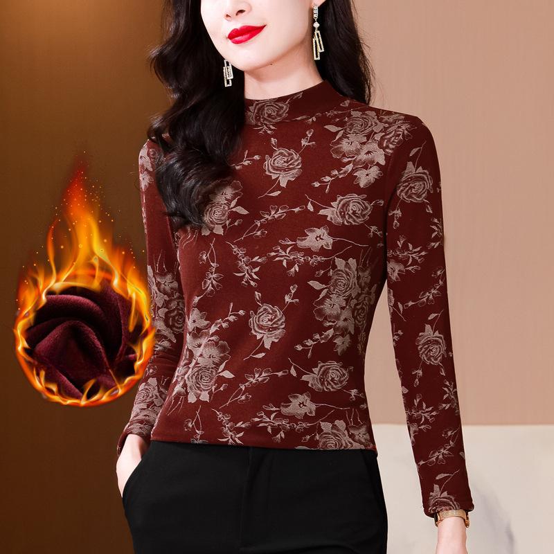 High-end Temperament Fleece Thickened Semi-turtleneck Bottoming Shirt Mom Winter Inner Warm Long-sleeved T-shirt Top