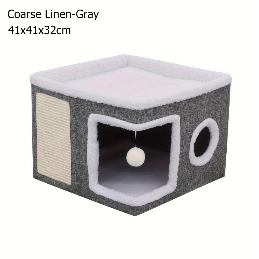 Large Space Foldable Cat House Non-slip Bottom Scratching Post Cat Bed Toy Tunnel Removable Cushion Hanging Ball