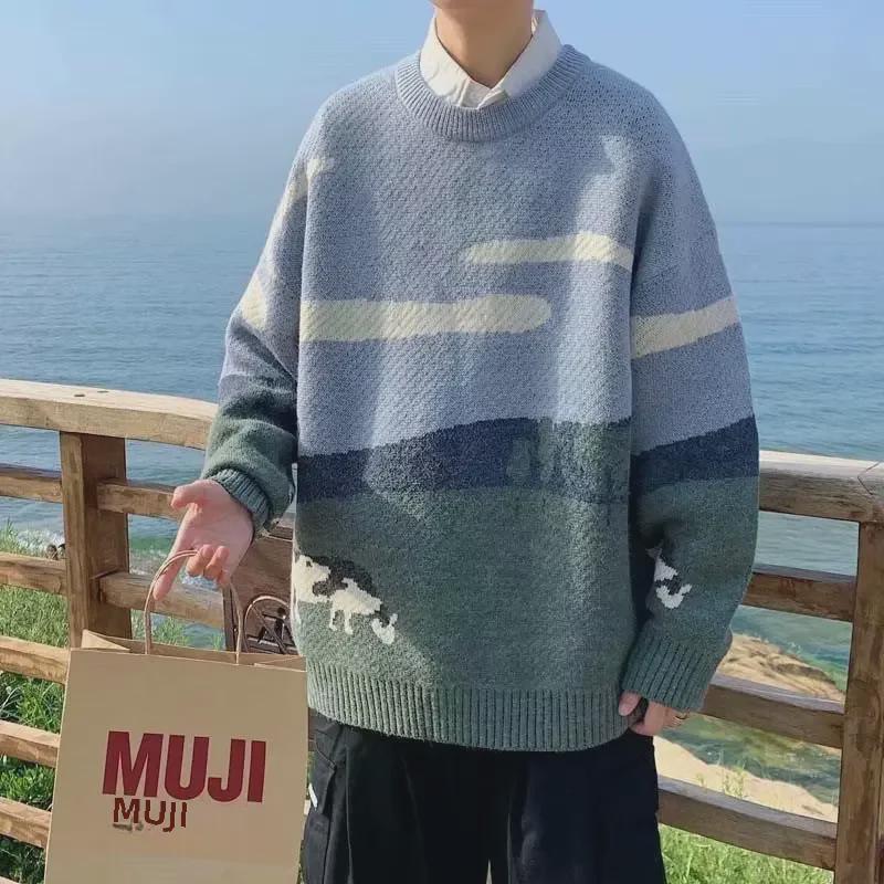 Мужской вязаный свитер из коровьей шерсти в японском стиле - Модный пуловер с круглым вырезом