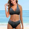 Женские купальники, бикини, комплект из 2 предметов, купальник с открытой спиной и лямкой на шее, пляжная одежда, купальные костюмы с серебряными пайетками и принтом