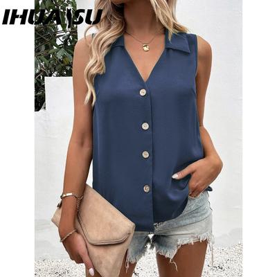 Летнее женское платье, однотонное, с V-образным вырезом, свободная шифоновая рубашка, без рукавов, жилет с застежкой на пуговицы, женская рубашка