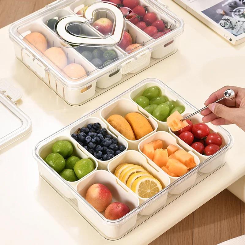 Portable Snackle Box Fruit Storage Containers for Fridge Divided Serving Tray with Lid & Handle for Travel Picnic Candy Party