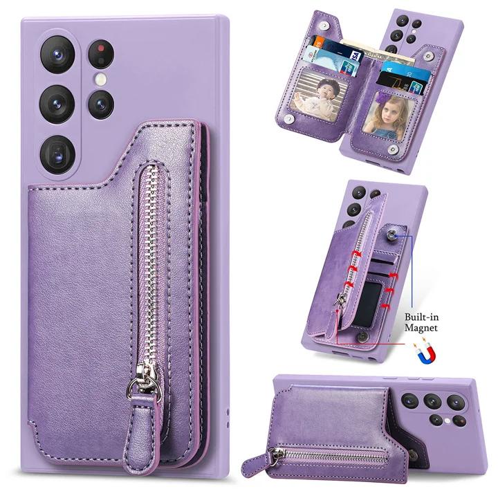 Luxury Zipper Wallet Case Camera 360 Protect Back Cover for Samsung Galaxy S24 S23 S22 S21 S20 Ultra Plus S8 S9 S10 Cover