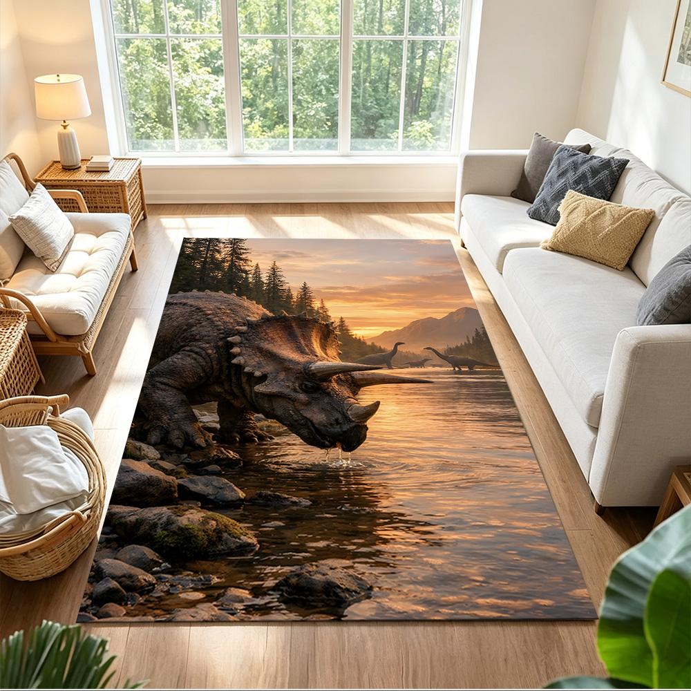 Triceratops At Sunset River Non-Slip Home Carpet Design for Office Decor Living Room Bedroom Gift