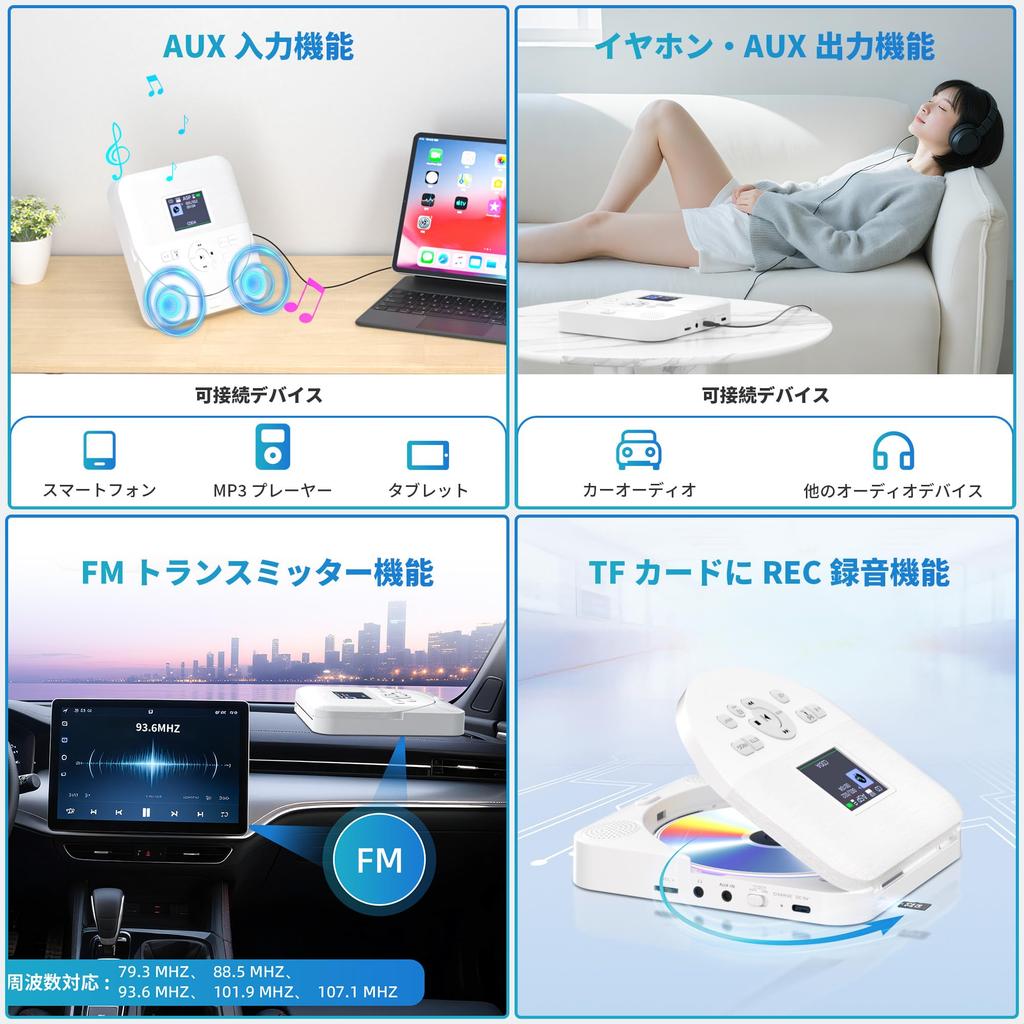 Портативный CD-плеер с Bluetooth-динамиком, записью, FM, 2000 мАч, картой MicroSD 32 ГБ, AUX, повтором и программированием, эквалайзером, наушниками PSE, подходит для языковых, фетальных