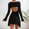 Женское осеннее однотонное повседневное облегающее короткое платье с длинным рукавом и открытой спиной