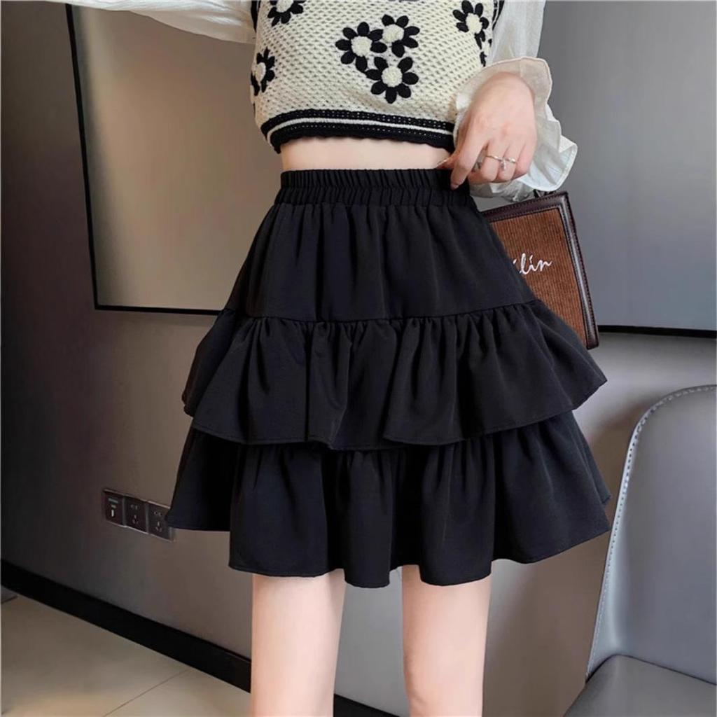 Spring & Autumn 2025 Black Ruffle Midi Skirt - Slimming, Plus Size, High Waist, Fashionable Puff Design