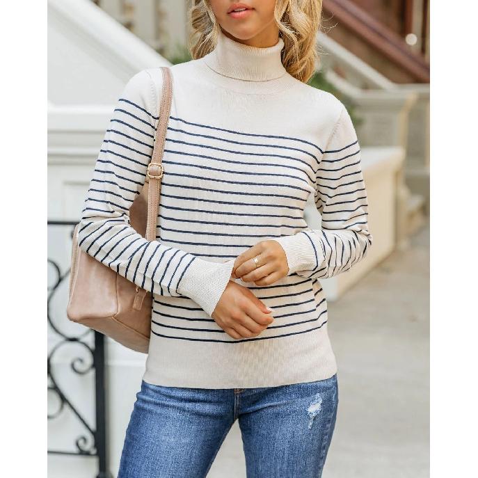 2024 Европейский и Американский Осень-Зима Новый Полосатый Женский Свитер С Высоким Воротником Полосатый Пуловер Вязаный Свитер