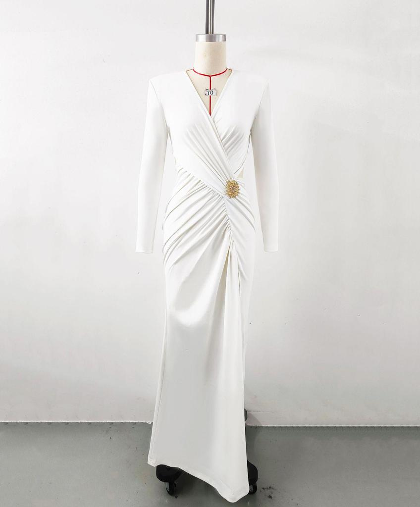 Женское белое платье с V-образным вырезом, длинными рукавами, плиссировкой и металлической талией в европейском/американском стиле