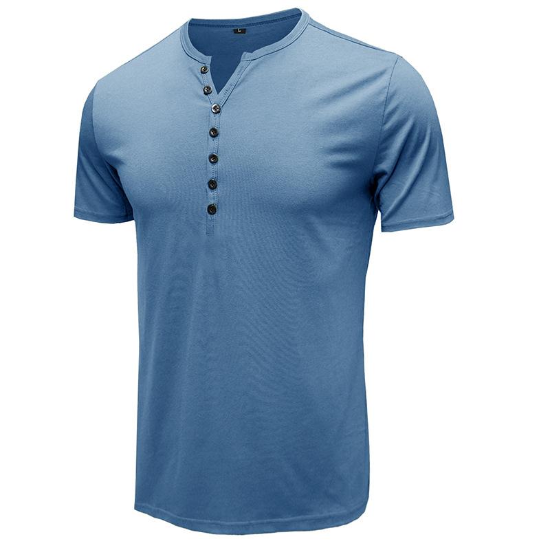 Men Henley Collar Short Sleeve Solid Color Slim Fit Button Placket Casual Basic T Shirt