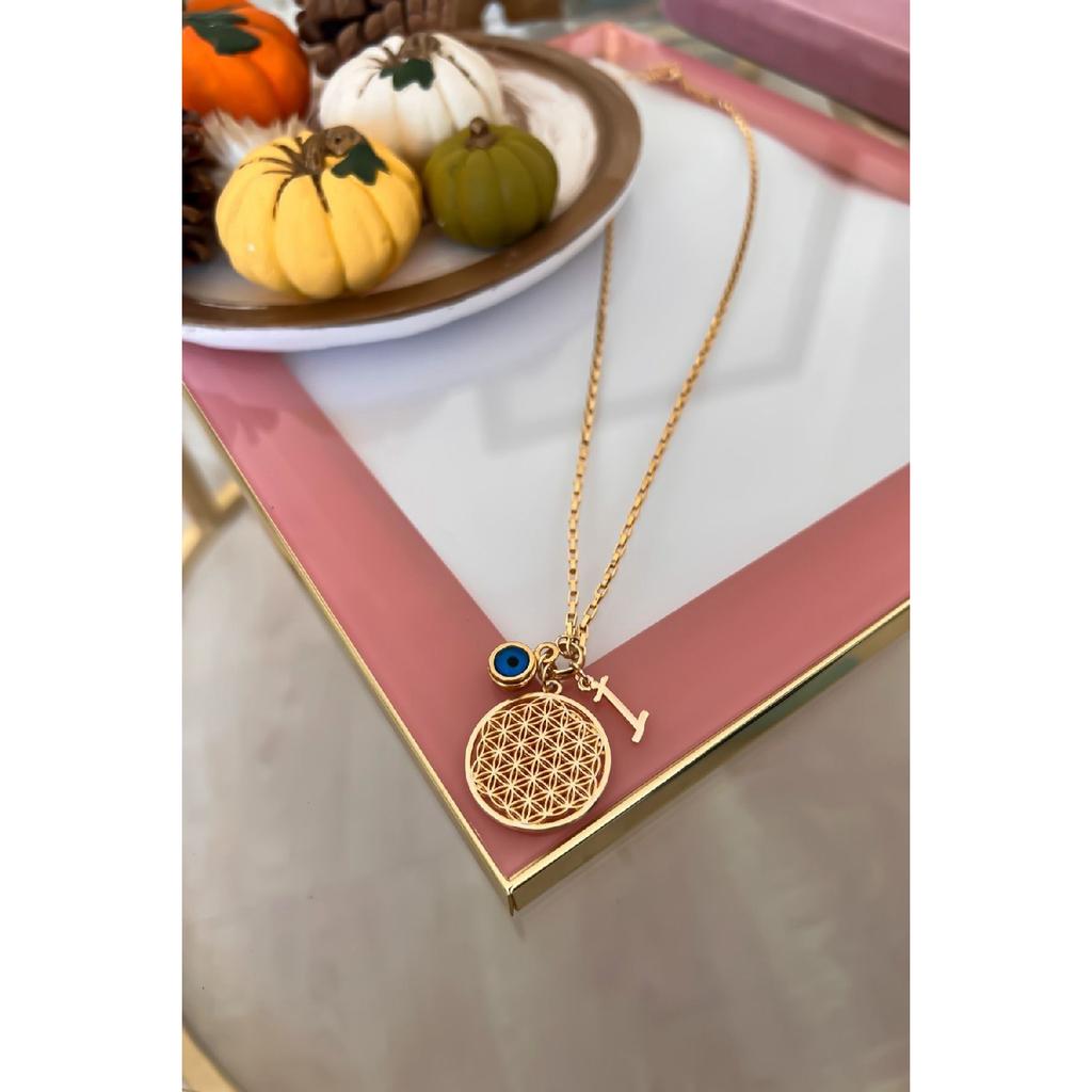 Персонализированное колье «Цветок жизни» с буквой I и подвеской «Сглаз»