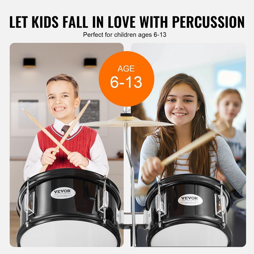 Kids Drum Set 5-Piece 16 in Beginner Children Drum Set with Throne Black