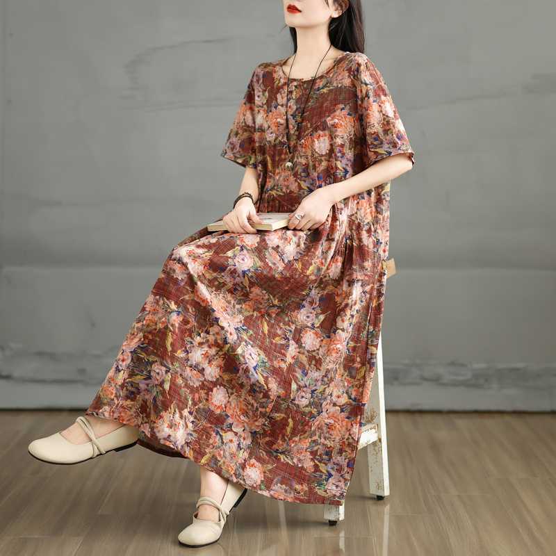 Летнее ретро платье из хлопка и льна с круглым вырезом и короткими рукавами, женская свободная юбка