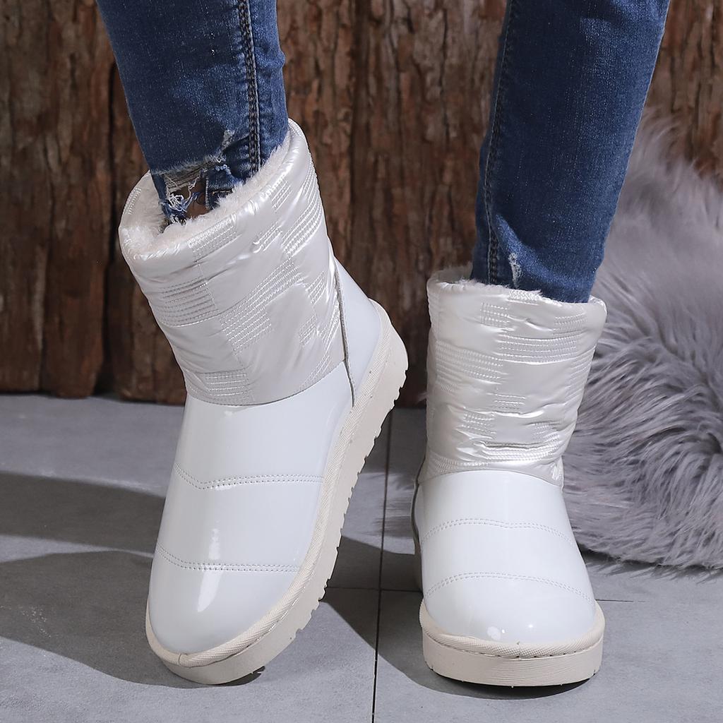 Зимние туфли с круглым носком, черные, на плоской подошве, средней высоты, водонепроницаемые, литье под давлением, с низким голенищем, из искусственной шерсти, повседневные хлопковые туфли