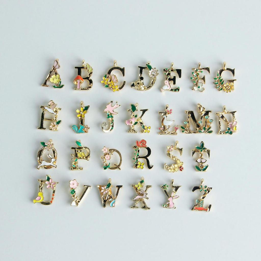 Floral Art English Letter Drip Oil Alloy Charms for DIY Jewelry & Bracelet Pendants