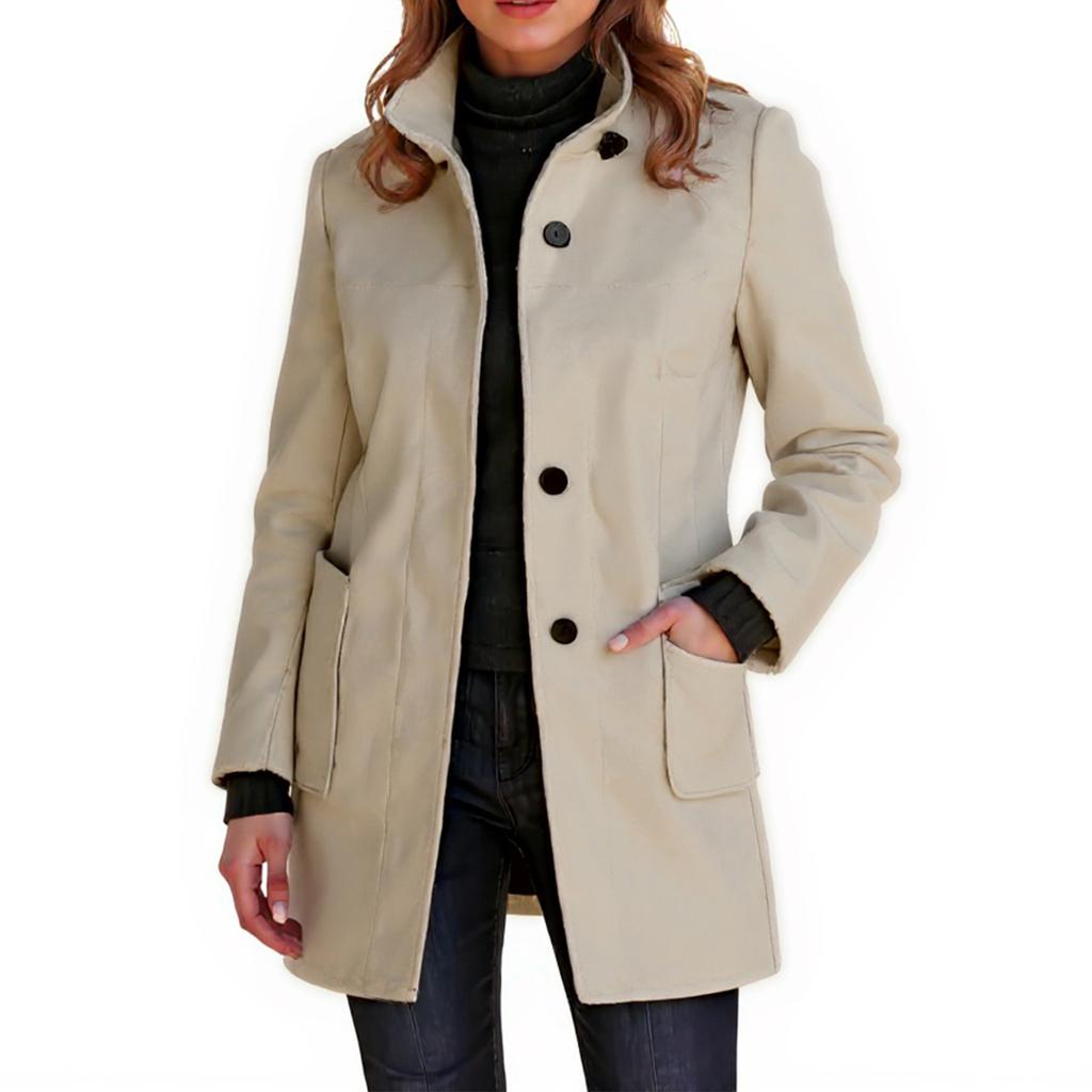 Ladies' Casual And Fashionable Solid Color Button Up Collar Woolen Coat