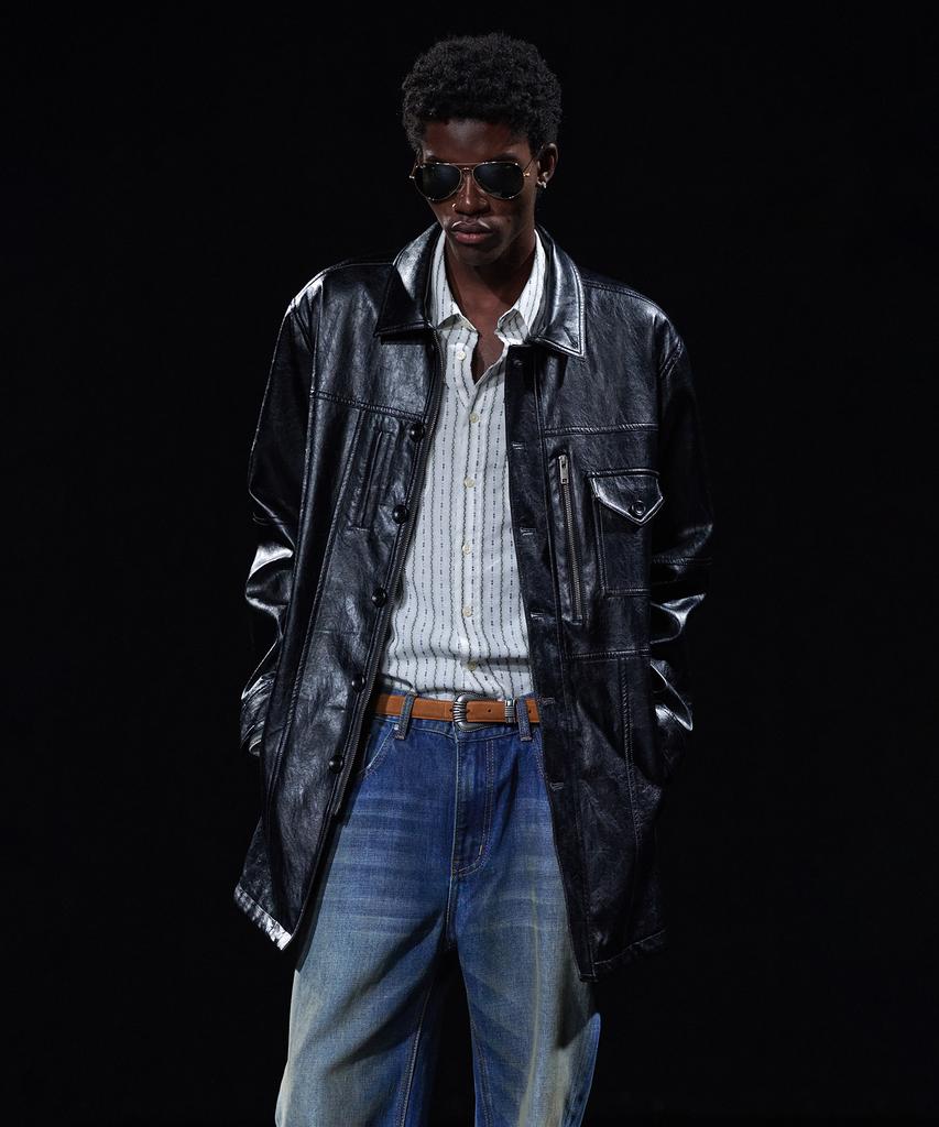 TAKEASY [Dmd] Incision Leather Car Coat - Black