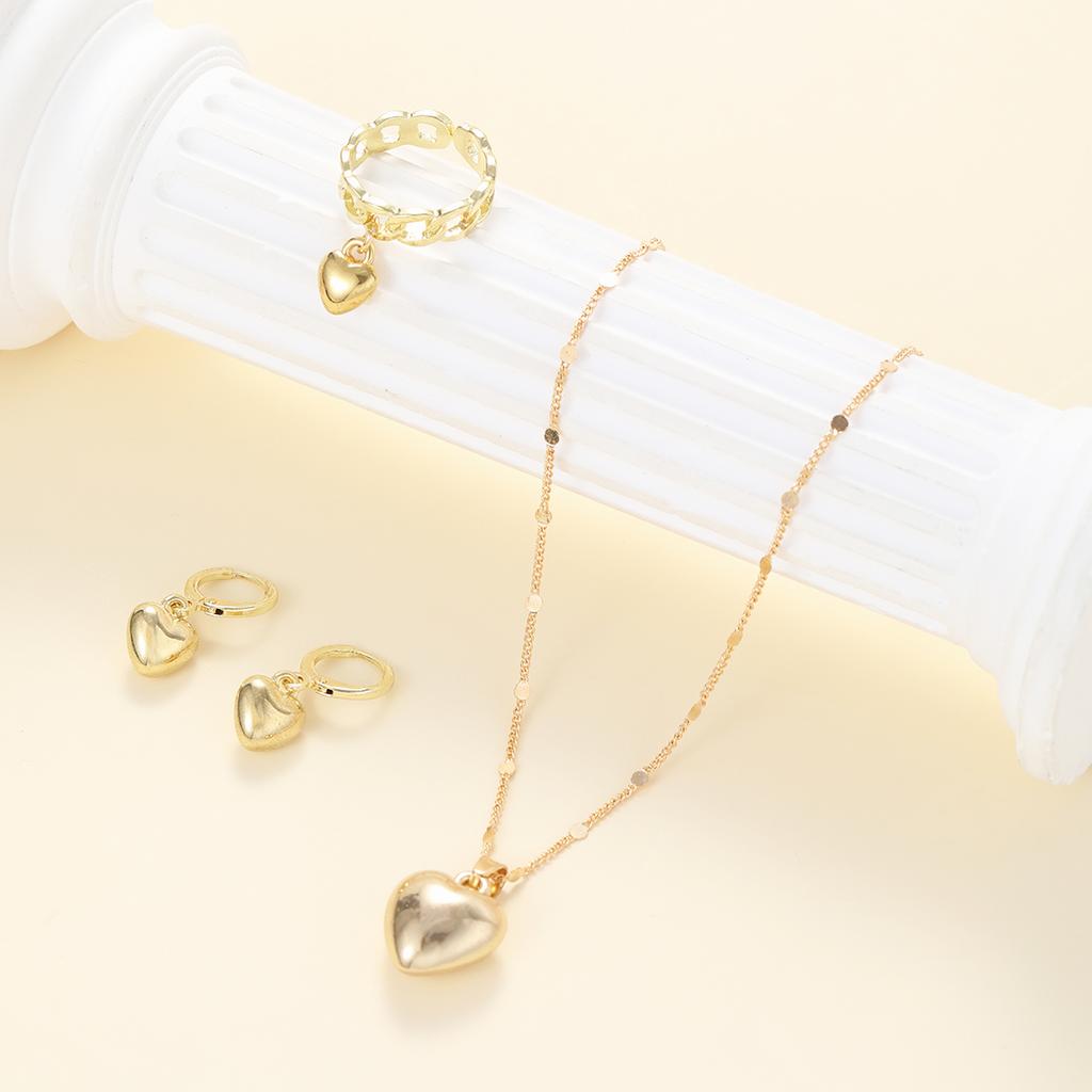4 шт. глянцевые позолоченные металлические серьги в форме сердца с подвесками, ожерелье, кольцо, комплект ювелирных изделий для женщин, простая изящная повседневная одежда, подарки