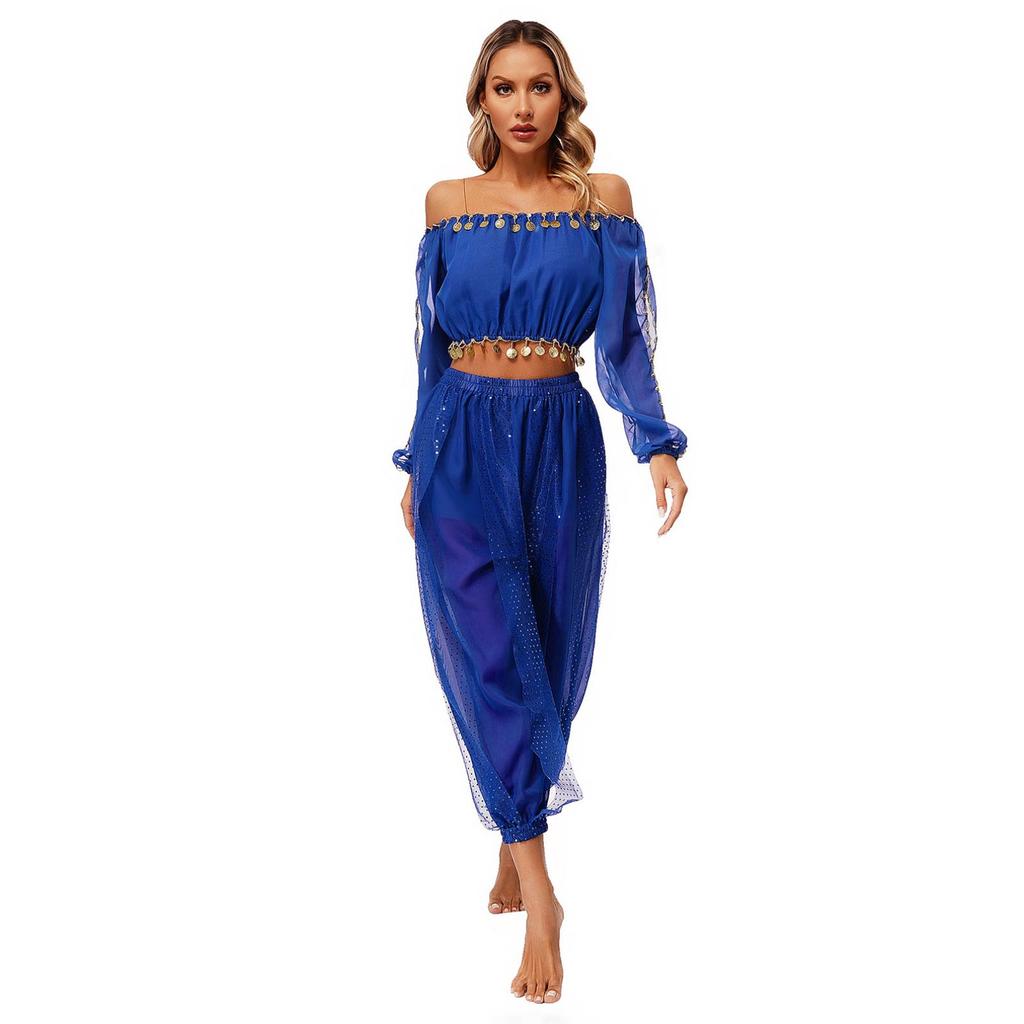 Женский наряд для танца живота для выступления на Хэллоуин, карнавальный костюм с длинными рукавами и открытыми плечами, укороченный топ с брюками с блестками