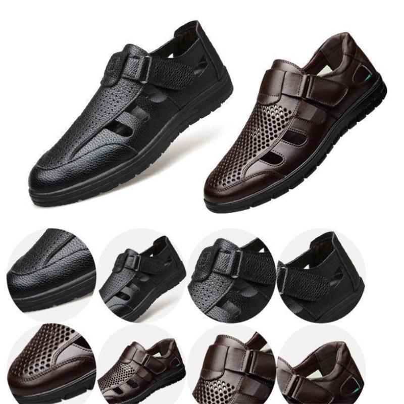 Летние мужские деловые повседневные кожаные рабочие сандалии с кружевом и полой сеткой