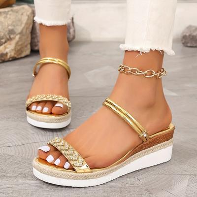 Модные Модные Золотые Босоножки на Танкетке со Стразами для Женщин 2025 Лето Нескользящая Пляжная Обувь Женская Легкие Платформенные Шлепанцы Большого Размера