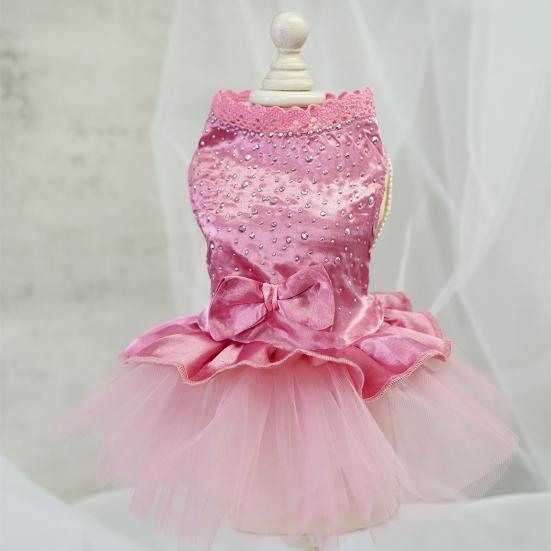 Pet Dress Shiny Rhinestone Stand Collar Soft Comfortable Eye-catching Shirring Princess See-through