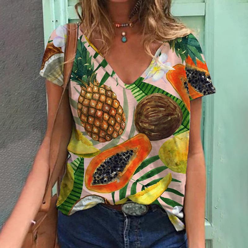 Лето 2023, футболка с 3D растительным принтом и фруктами, женская футболка с v-образным вырезом, топ Kawaii, уличный женский свободный модный универсальный топ в стиле Харадзюку, 2023 г.