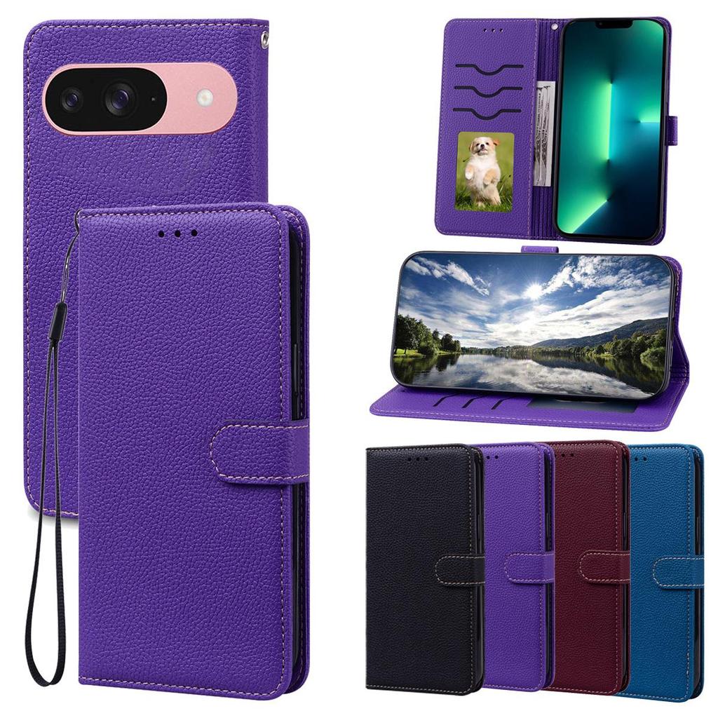 Флип-кошелек из ПУ-кожи для Google Pixel 9, текстура личи, держатель для карт, подставка, ремешок на запястье, защитная крышка