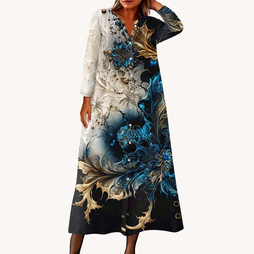 Women's Fashionable Printed Round Neck Seven Quarter Sleeve Button Loose Shirt Dress